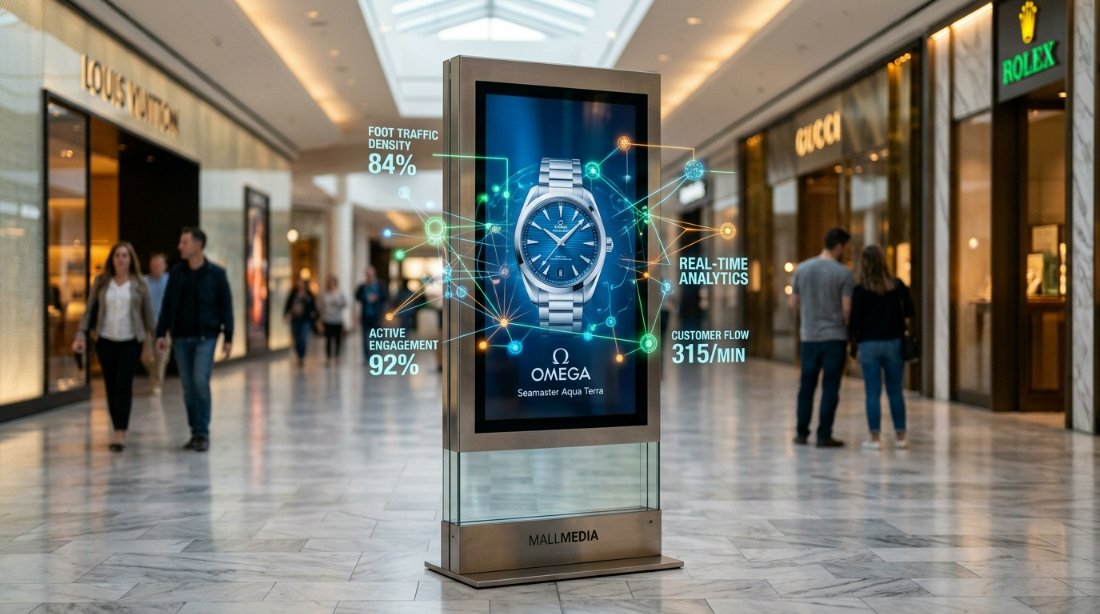 A sleek, modern indoor vertical advertising machine in a luxury US shopping mall, showing vibrant 4K content with a digital overlay representing AI data points tracking foot traffic.
