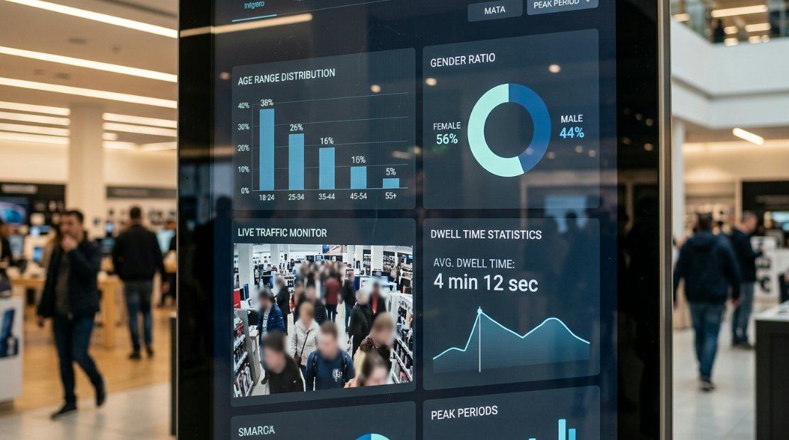 Close-up of a digital signage screen showing a dashboard of customer analytics including age range, gender, and dwell time, with a privacy-focused blur over actual faces.