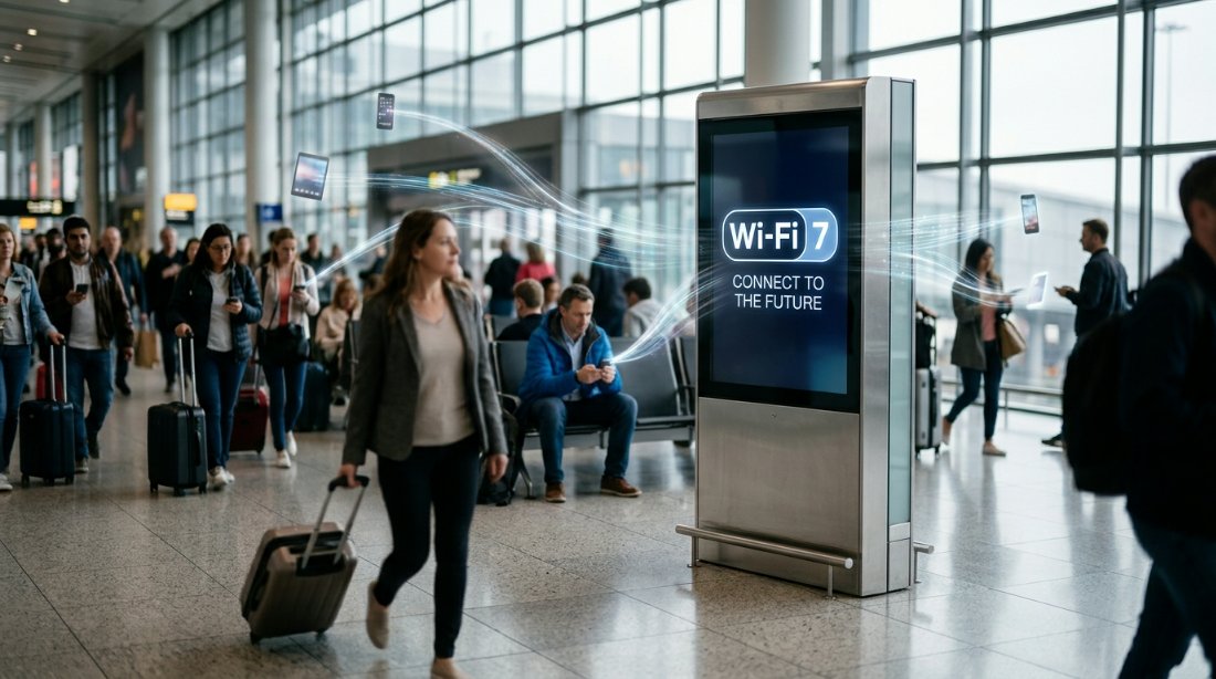 A technical infographic showing a Wi-Fi 7 logo next to an advertising kiosk, with lines representing high-speed data transmission to multiple devices in a crowded airport terminal.