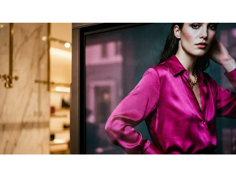 Close-up of a digital signage display in a high-end luxury boutique in Milan, showing vibrant fashion content with anti-glare coating visible.