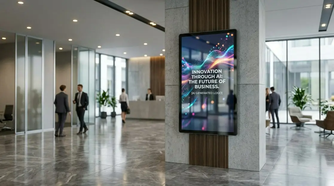 A sleek, modern indoor wall mounted advertising machine displayed in a high-end US corporate office lobby, showing vibrant AI-generated marketing content.