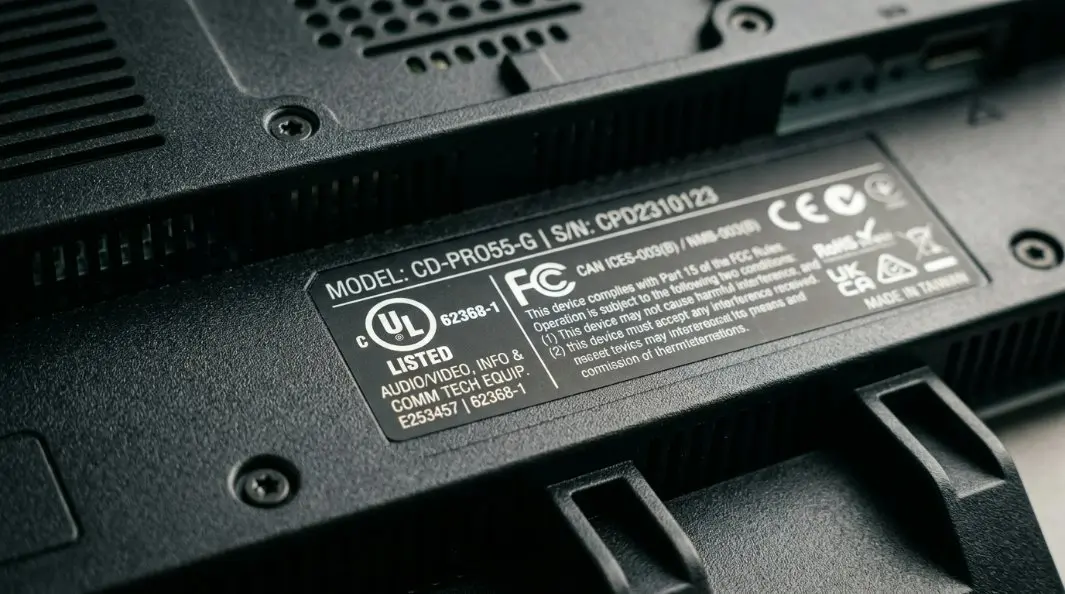 Technical diagram highlighting UL 62368-1 and FCC Part 15 certification logos on the back of a professional commercial grade display.