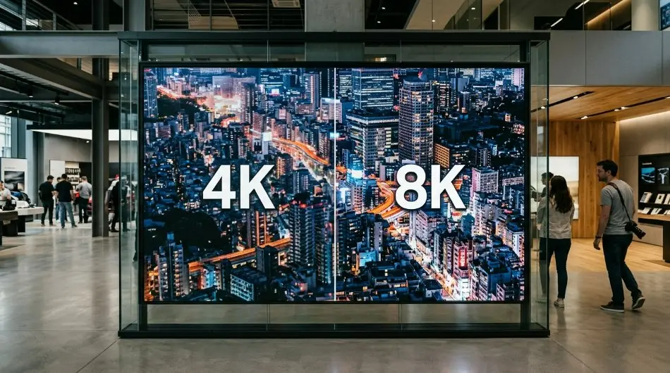 A split-screen comparison showing 8K resolution clarity versus 4K on a commercial digital signage display with a focus on vibrant colors and text sharpness.