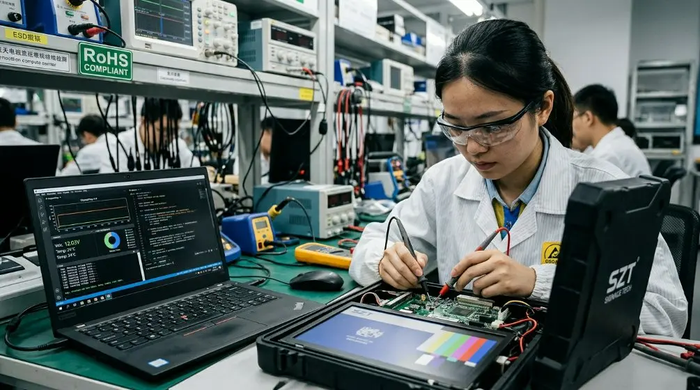 An engineer in a high-tech Shenzhen laboratory testing a table-top digital signage unit with a multimeter and software interface on a laptop.