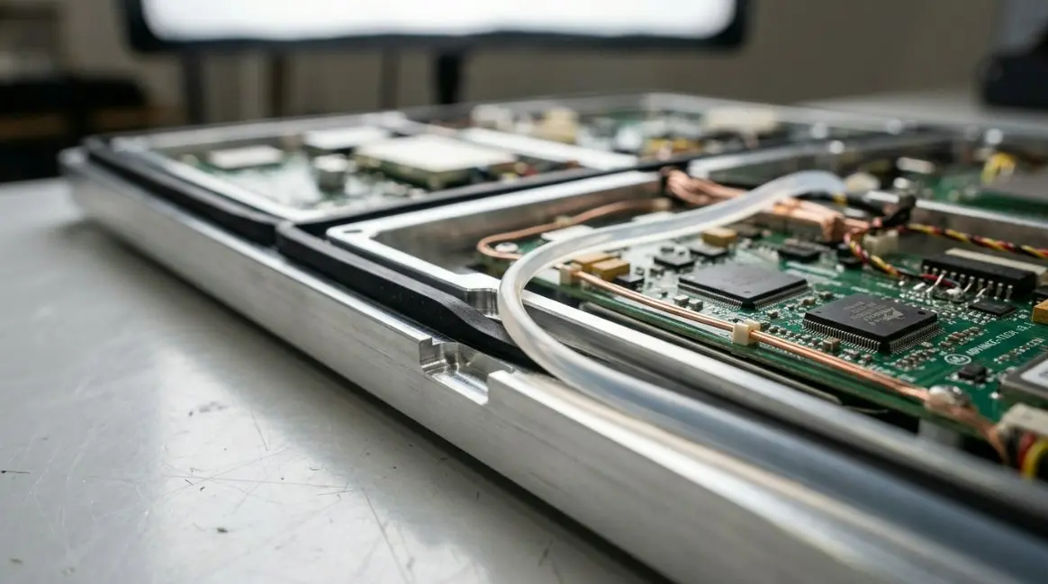 Detailed technical drawing showing the internal components and waterproof seals of a table advertising display unit.