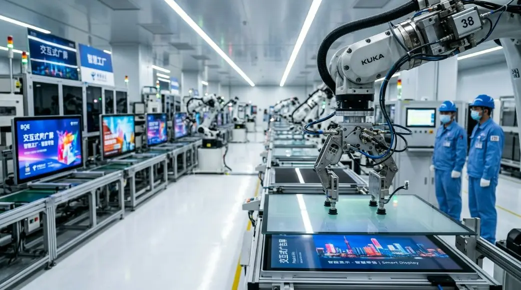 A futuristic smart factory in China showing robotic arms assembling high-tech indoor touch advertising screens in a clean, brightly lit environment.