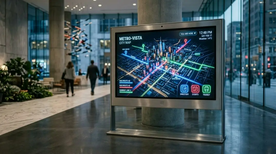 A high-tech digital signage display showing a touch-interactive map with vibrant colors and sharp 4K resolution.