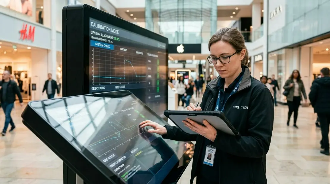 An engineer using a digital tablet to calibrate a large 75-inch indoor touch kiosk in a shopping mall setting.