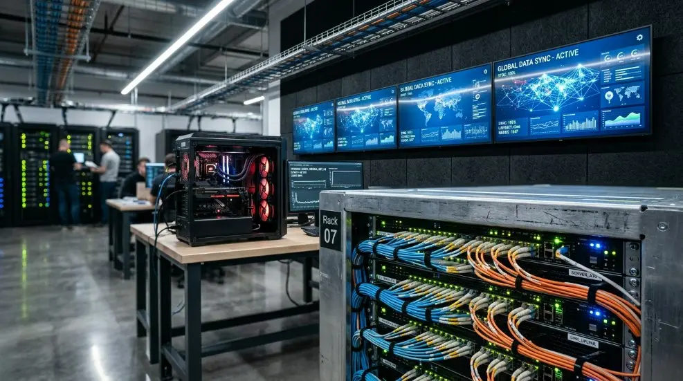Schematic diagram of the DSA-Sync Precision Protocol showing data flow between a cloud server, AI engine, and multiple digital signage screens.