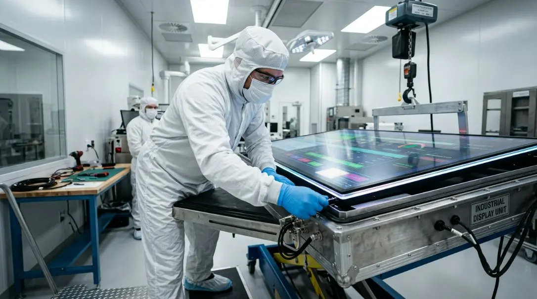 An engineer in a cleanroom environment installing a large-format horizontal digital signage display into a waterproof metal housing.