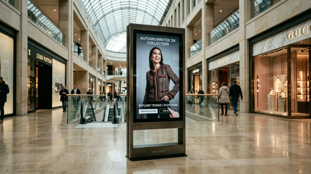 A sleek 65-inch indoor infrared touch advertising digital signage standing in a high-end European shopping mall, displaying interactive fashion content.