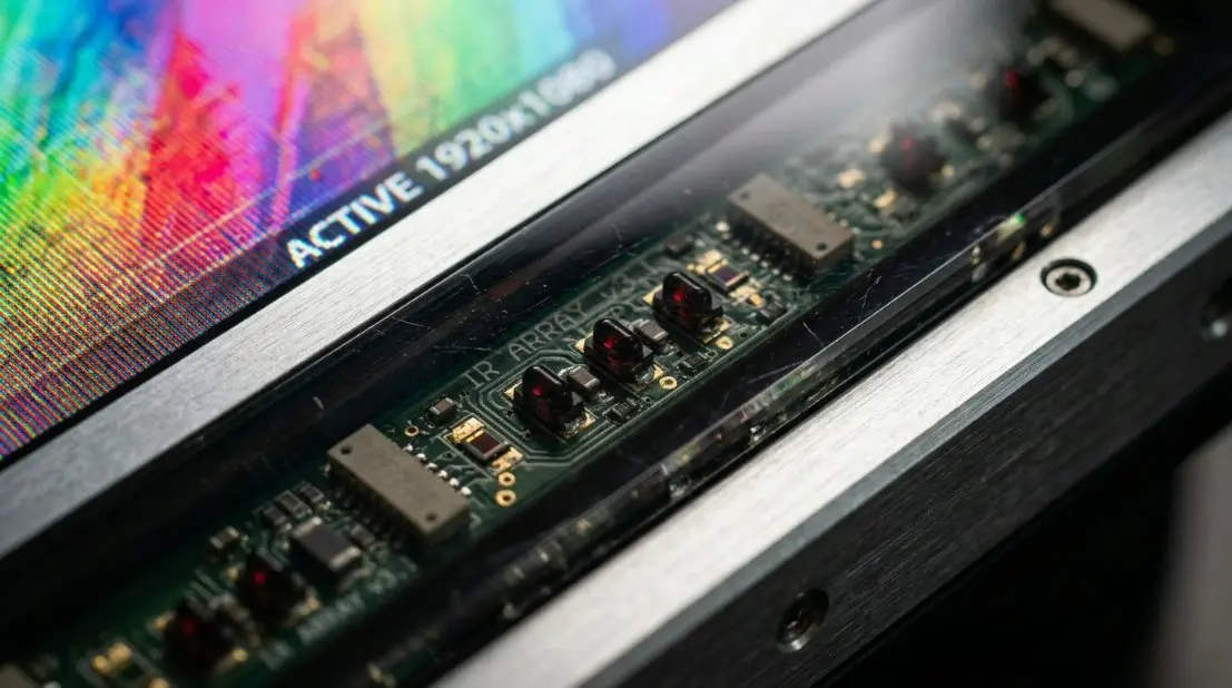 Close-up of an infrared touch bezel showing the hidden sensors and the high-definition LCD panel with vibrant colors.