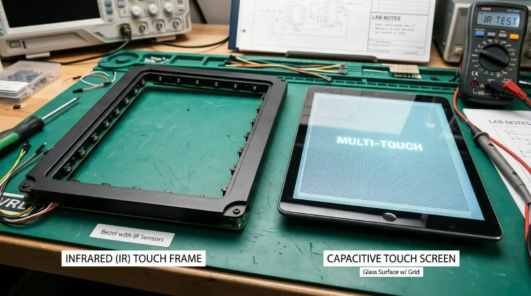 A technical diagram comparing an infrared touch frame and a capacitive touch screen, highlighting the bezel and sensor placement.