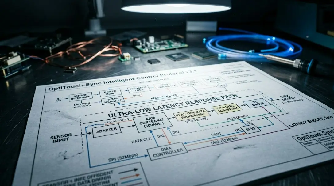 Engineering diagram showing the ultra-low latency response path of the OptiTouch-Sync Intelligent Control Protocol