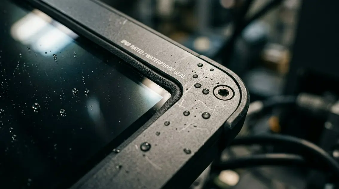 Close-up high-contrast view of the waterproof bezel structure of an IP68-rated commercial touch display