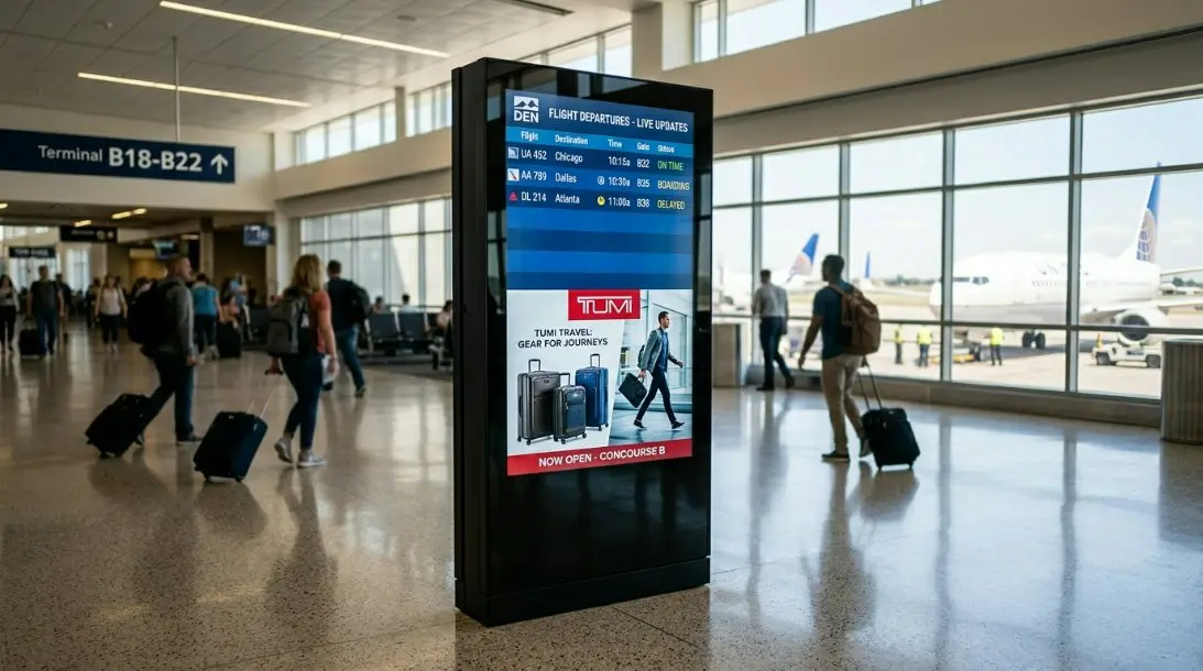 Sleek interactive Android digital signage display in a modern, well-lit US airport terminal showing flight updates and dynamic retail ads.