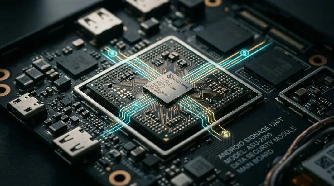 A close-up high-tech concept of an integrated microchip motherboard within an Android signage unit, glowing with futuristic data lines highlighting cybersecurity.