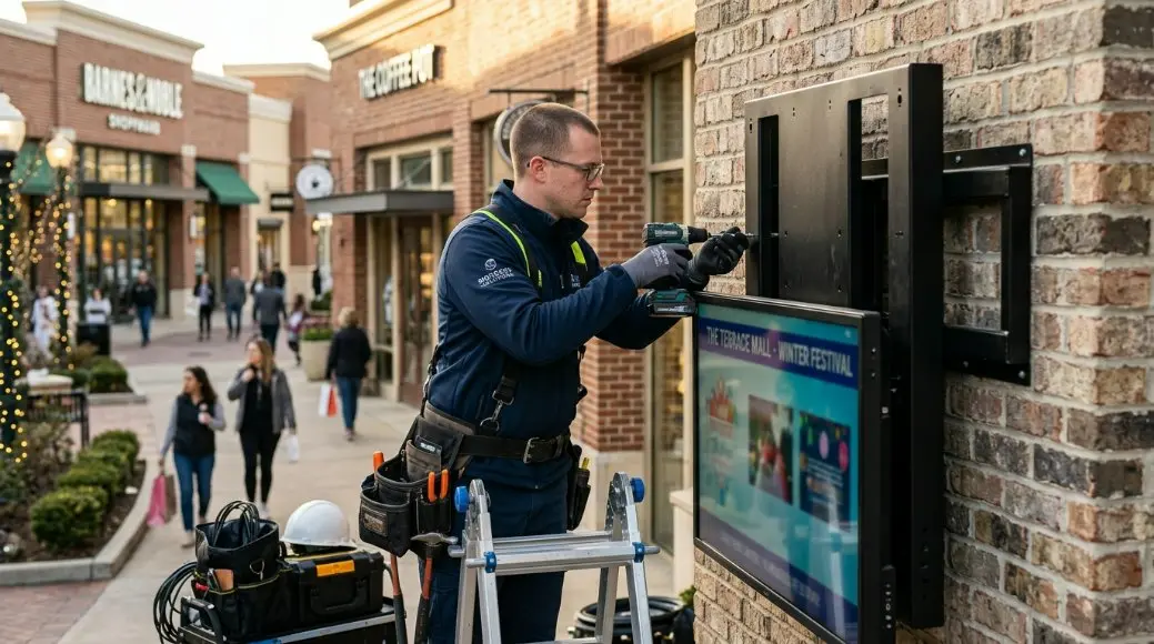 Professional commercial technician installing a weatherproof outdoor Android signage display on an architectural brick wall in an open-air shopping center.