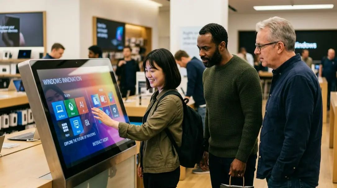 A modern high-tech retail store environment showing an elegant Windows system advertising device displaying vivid, high-resolution interactive content to a diverse group of consumers.