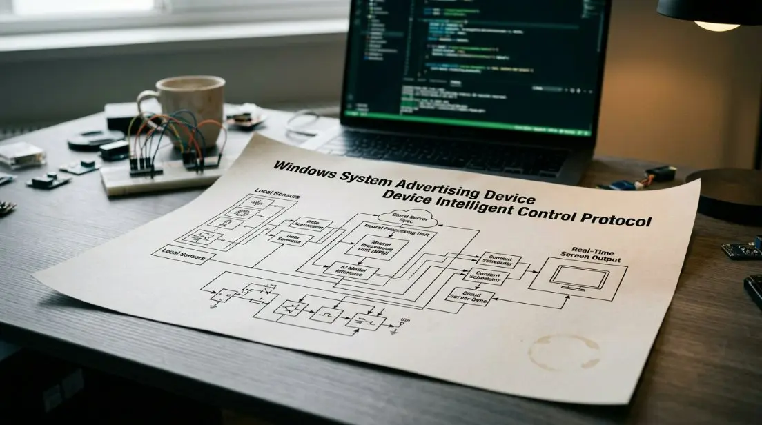 An infographic schematic detailing the system architecture of the Windows System Advertising Device Intelligent Control Protocol, illustrating the connection between local sensors, NPU, and real-time screen output.