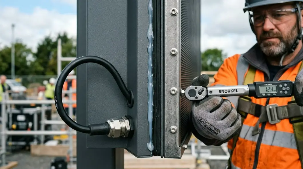A close-up technical diagram showcasing step-by-step waterproofing, displaying drip loops, non-corrosive silicone seal application, and torque wrench alignment on an outdoor digital signage display.